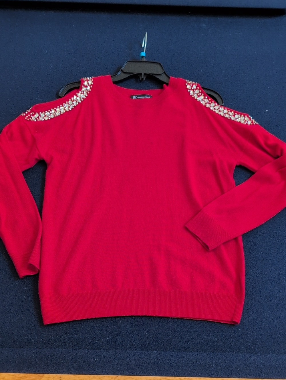 INC International Concepts Red Knit Sweater with Embellished Shoulders